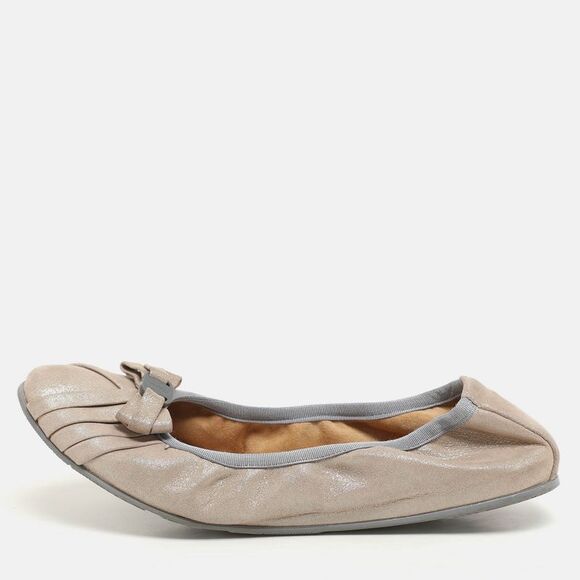 Salvatore Ferragamo Metallic Beige Suede Vara Bow Scrunch Ballet Flats Size 38,New Products : American Fashion Style Bags On Sale